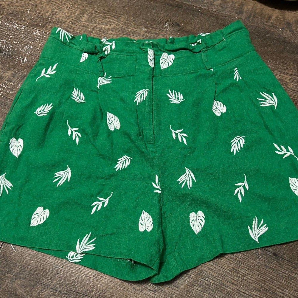 Ann Taylor Green Linen Paperbag Shorts 8 Embroidered Leaf Tropical Pleated